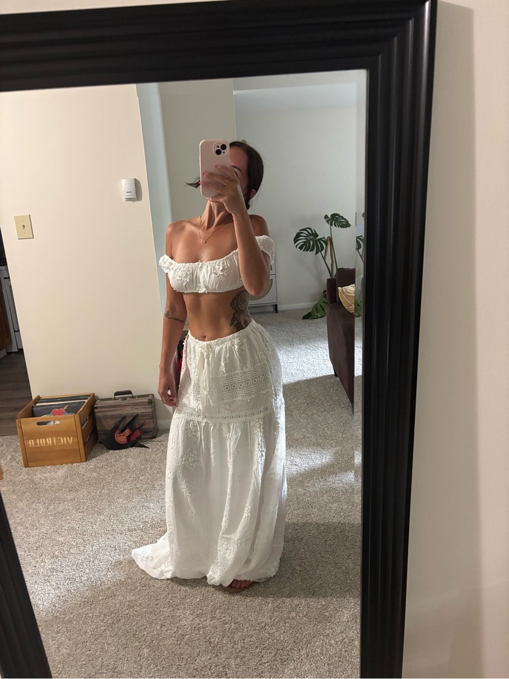 Fashion Nova White Off-Shoulder Maxi Lace Skirt Set